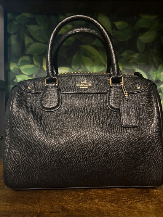 Coach Handbags - Coach Black Textured Leather Bowling Bag with Gold Hardware